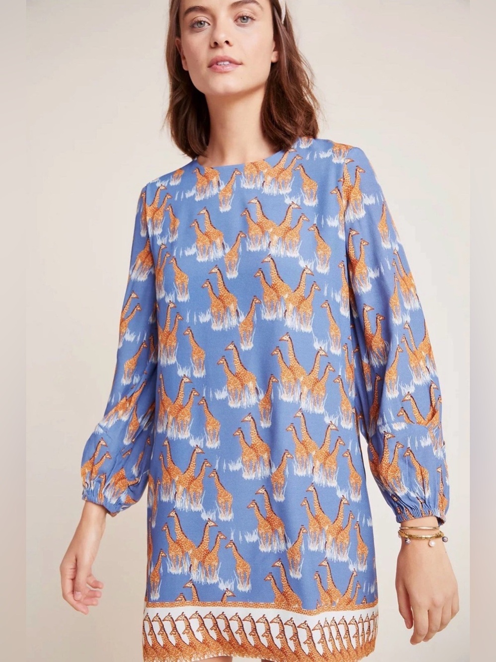 Anthropologie Corey Lynn Calter Giraffe Tunic Dress Size XL Blue Crepe Shift